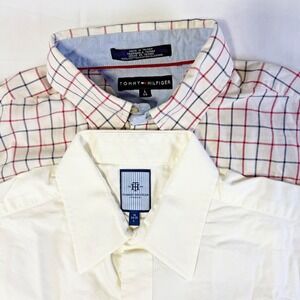 Lot of 2 Tommy Hilfiger Shirts Men's Large Plaid & Ivory Button Down Long Sleeve